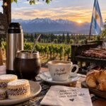 Mate, café, alfajores y asado argentino compartidos al atardecer
