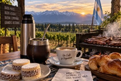 Mate, café, alfajores y asado argentino compartidos al atardecer