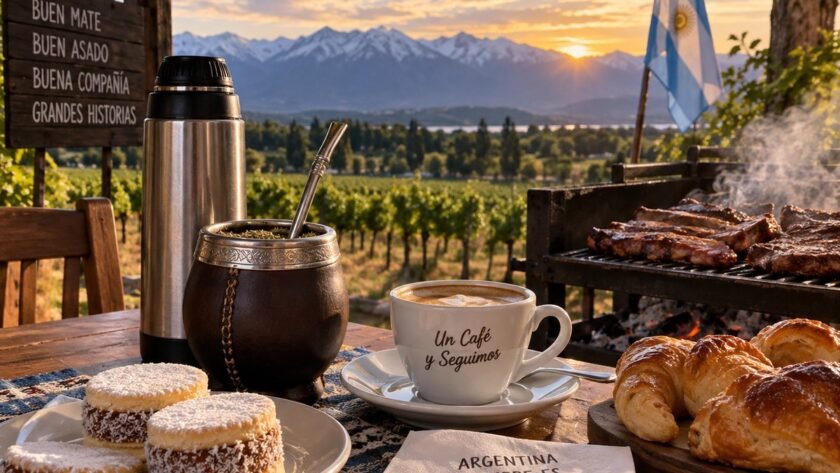 Mate, café, alfajores y asado argentino compartidos al atardecer