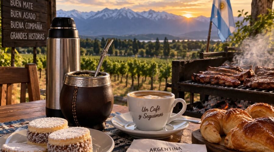 Mate, café, alfajores y asado argentino compartidos al atardecer
