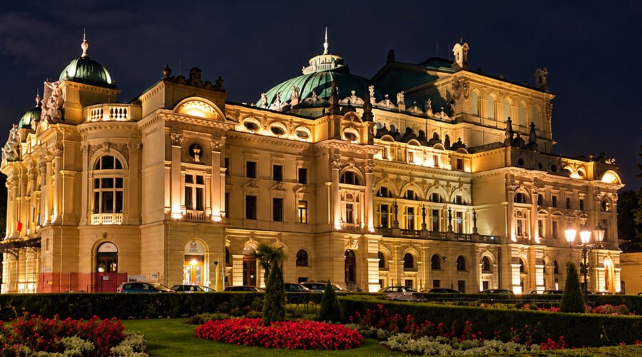 Teatro Juliusz Słowacki iluminado por la noche en Cracovia